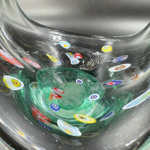 Large Art Glass Basket Bowl Centerpiece With Large Multicolor Millefiori Spots - Picture 11 of 16